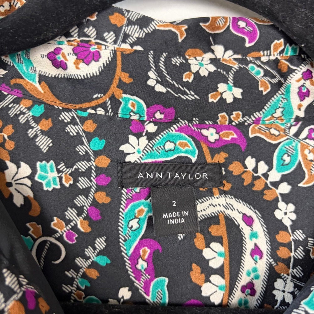 Ann Taylor Floral Belted Shirtdress Button Front Long Sleeve Midi Black Size 2 - Picture 5 of 15
